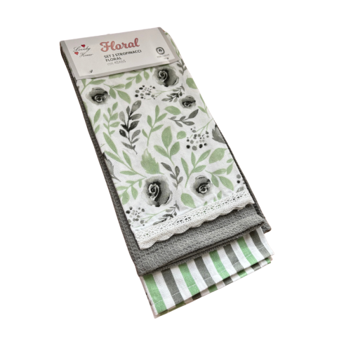 Set 3 ks bavlnených utierok - Floral - zeleno sivá